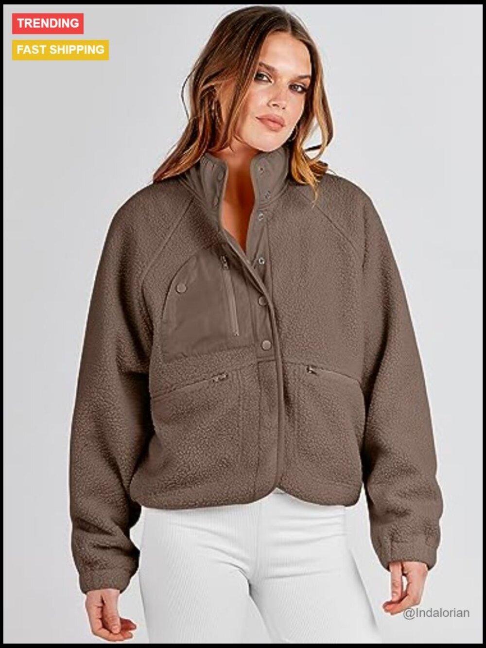 Fleece Jacket Long Sleeve Cropped Sherpa Button Down Shacket With Pockets - Picture 3 of 7